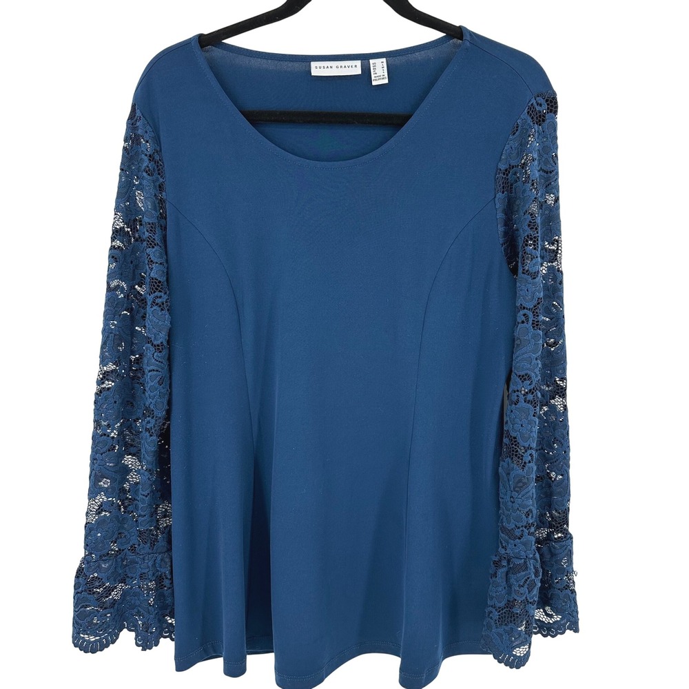 Susan Graver Liquid Knitโ Blue Lace Sleeve Top Women's M Career Casual Blouse